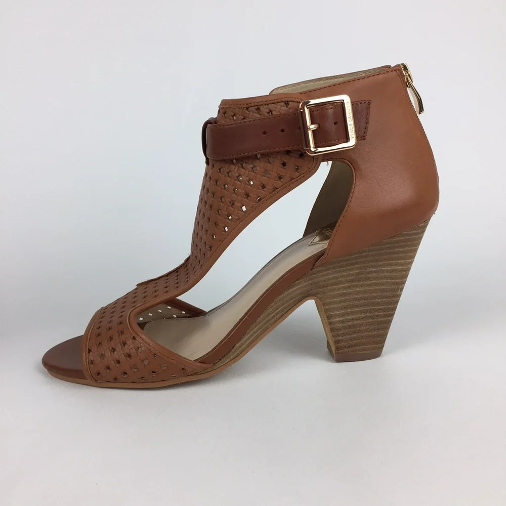 Vince Camuto Womens Brown Woven Leather Peep Toe Sandal Cone Heel size 10